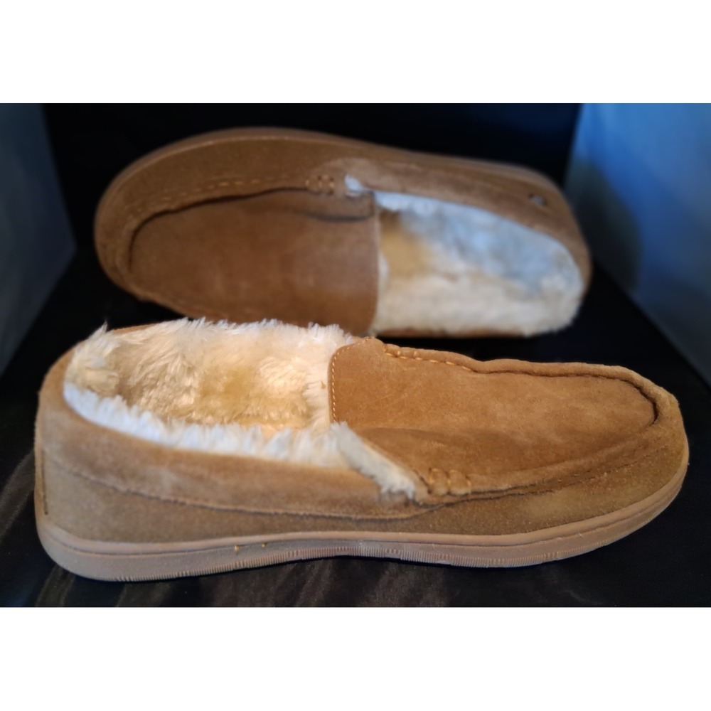 Lamo Mens Suede Moccasin Slippers Tan Faux Fur Lined Size 10 Slip On Shoes
